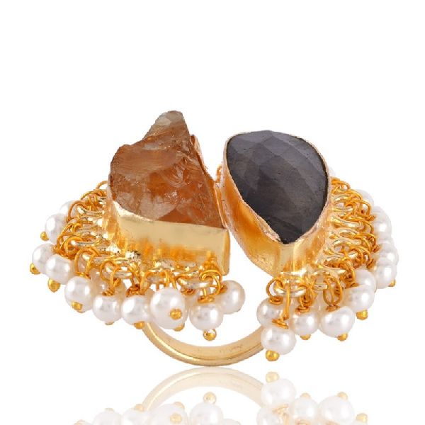 Rough Labradorite and Citrine nice Designer Fashion Ring with Pearl Drops