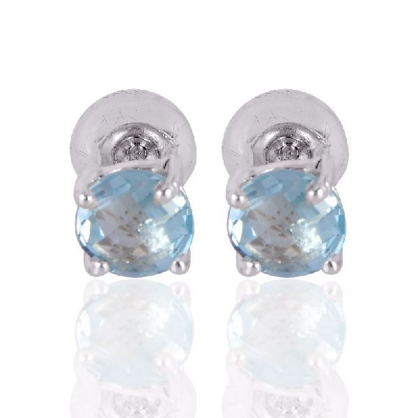 Silver Stud Sky Blue Topaz Gemstone 925 Sterling Earring