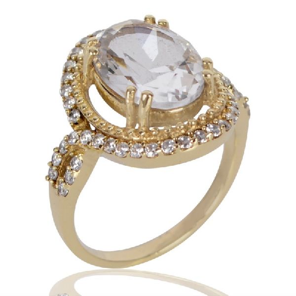 White Clear Gemstone and White Cubic Zirconia Gold Plated Fashion Ring