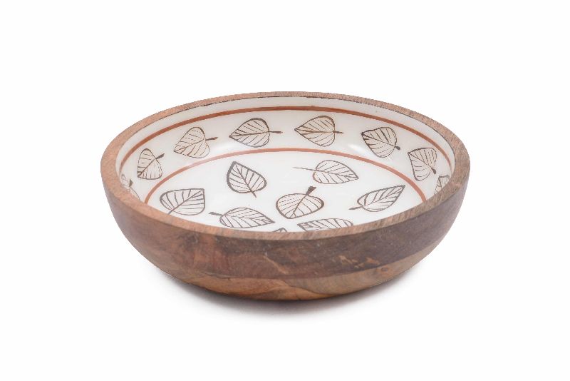 Leaf Pattern Printed Handcrafted Wooden Bowl, Size : Medium