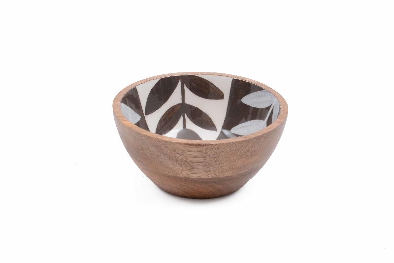 White Black Leaf Pattern Wooden Bowl, Size : Medium