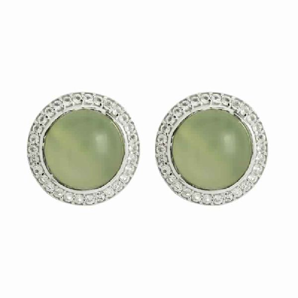 Prehnite Gemstone Surrounded By White Topaz 925 Silver Earring