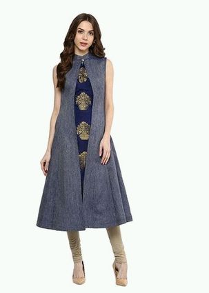 Lilaba Fashion Printed Blue A-Line Denim Kurti, Size : S, XL