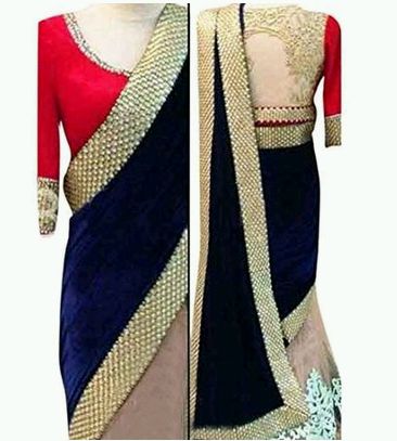 Blue And Off White Embroidered Velvet Saree
