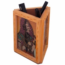 Beautiful Gemstone Painting Pen Stand Gift, Size : 3x3x4.5 inches