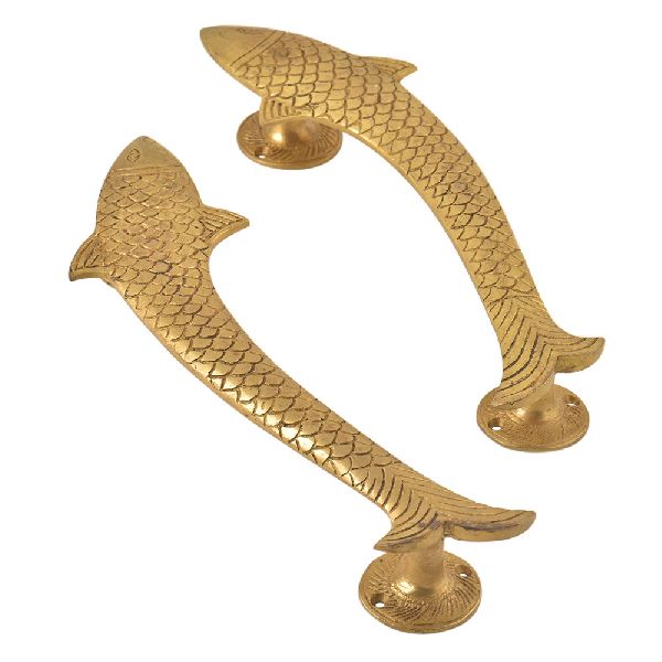 Vintage Golden Fish Shaped Brass Door Handle In Pair