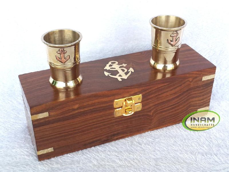 Shot glass set  with brass cups and wooden box