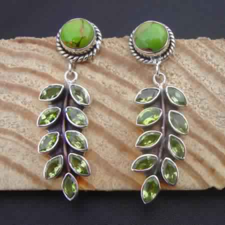 925 STERLING SILVER NATURAL PERIDOT AND TURQUOISE LEAF EARRINGS