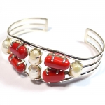 Genuine silver coral pearl cuff bracelet