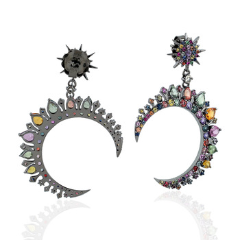 Gold Multi Sapphire Moon Design Women Dangle Earring