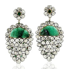 Yellow Gold Natural Emerald Uncut Diamond Women Dangle Earring