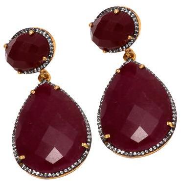 925 Sterling Silver Dyed Ruby With White Zirconia Earring