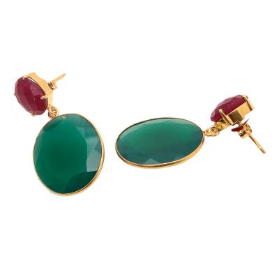 Green Onyx And Dyed Ruby Round Shape Earring