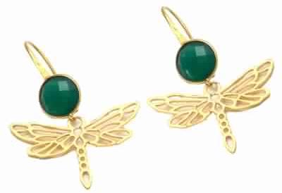 Green Onyx Ear Wire earring Gold Bezal Set Earring