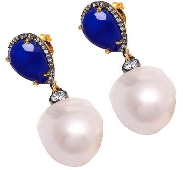 New Pearl Shell With Blue Chalcedony Earring