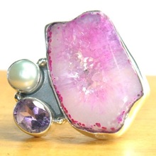  Druzy Gemstone Ring, Main Stone : Pearl, Amethyst