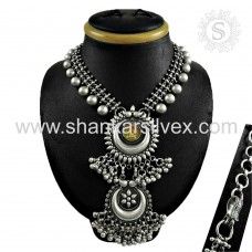 Oxidised Antique Look Glass Painting 925 Sterling Silver Necklace