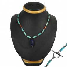 Shapely Coral, Turquoise, Lapis Gemstone Sterling Silver Necklace Jewelry
