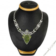 Sterling Silver Jewelry Charming Moldavite Glass, Green Amethyst, Peridot Gemstone Necklace
