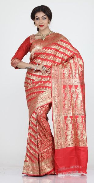 Printed Silk Banarasi Wedding Sarees, Color : Orange, Red