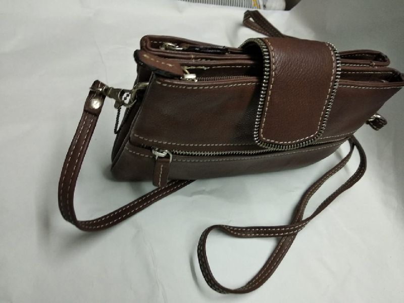 Leather Brown Side Bag, Pattern : Plain