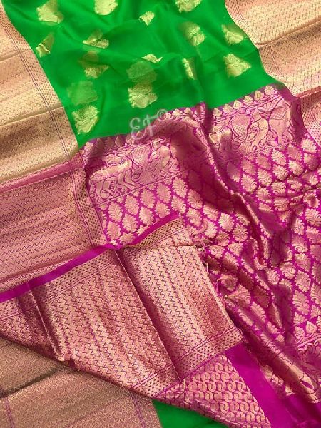 Blue Colored Pure Kanchipuram Silk Saree With Pink Border - SUMA SILKS