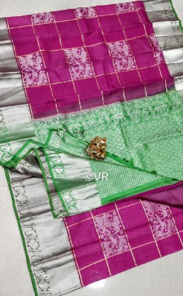 Pure Kanchi Kora Sarees With Silver Weaving Checks With Step Wise Brocade and Blouse