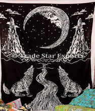 Wolf half moon printed black white tapestries cotton wall hanging