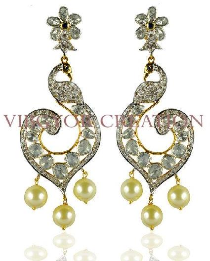 Bird Design Pave Rosecut Diamond Pearl Gemstone 14k Gold Silver Earring Jewelry