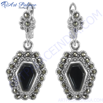 Black Onyx and Marcasite Silver Earring