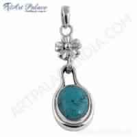 Designer Long Silver Pendant With Turquoise, 925 Sterling Silver Jewelry