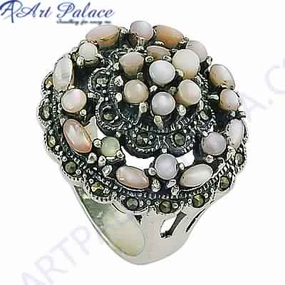 Fastival Wear Gun Metal and Pearl Silver Marcasite Ring