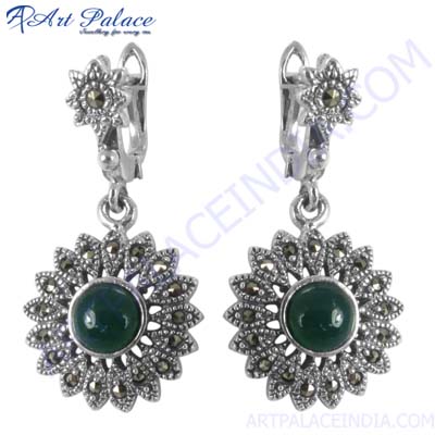 Green Onyx and Marcasite Silver Earring