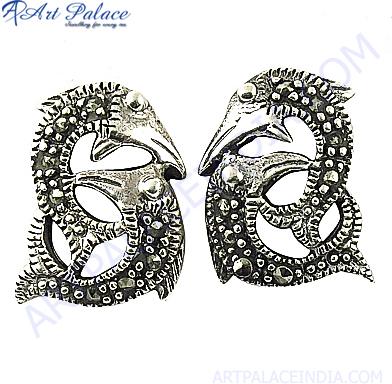 Rocking Couple Fish Style Gun Metal Gemstone Silver Earrings