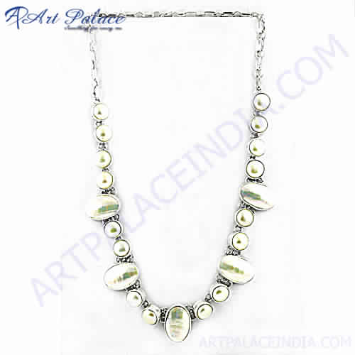 Shell and White Pearl Silver Necklace