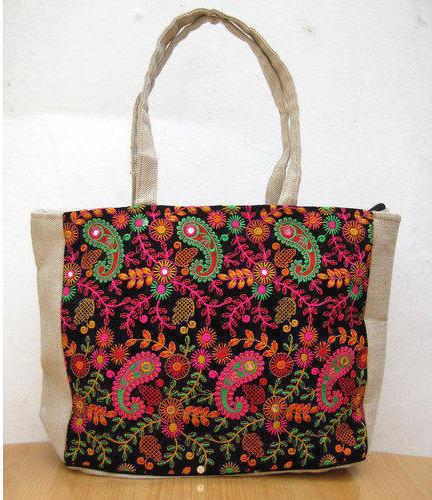 Canvas Embroidered Tote Handbag, Closure Type : Snap