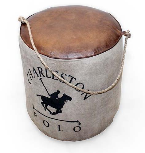 LEATHER CANVAS ROUND POLO PRINTED POUF STOOL