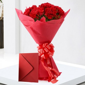 Bunch of 12 Red Carnation With Greeting Card