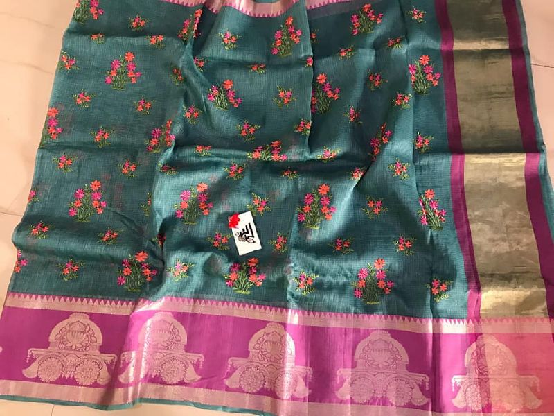 linen sarees with kota style weaving and embroidery blouse