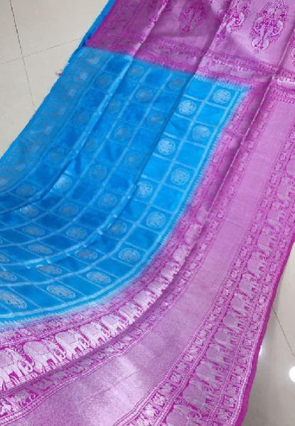Pure Handloom Dupion Weaving Sarees With Silver Zari and Contrast Blouse