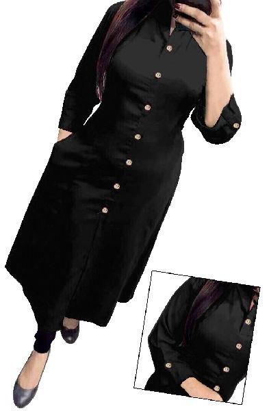 Women's Pure Cotton Black Color Straight Cut Salfie Kurti With Pocket