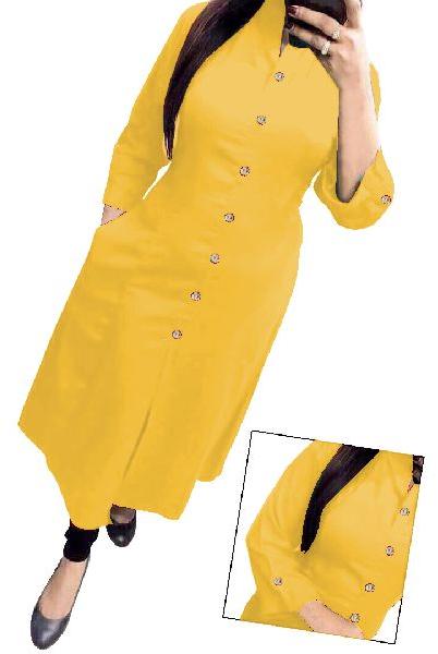 Women\'s Pure Cotton Yellow Color Straight Cut Salfie Kurti With Pocket