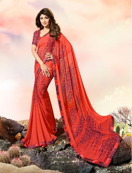 Red Georgette Print with Lace Border Saree