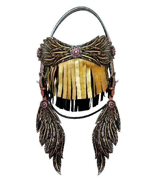 GOLDEN COLOR TOOLED FRINGE HEADSTALL