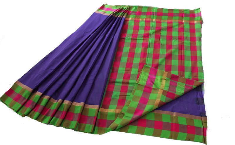 SILK COTTON checked sarees, Color : VIOLET