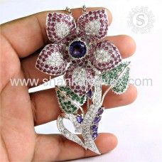 Emerald Gemstone Flower Pendant and Brooch, Size : 9.0 x 5.0 cm