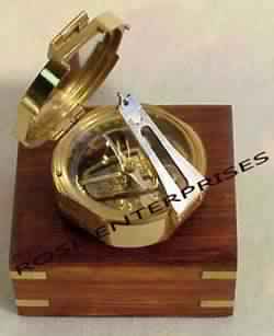 Brass Brunton Compass With Wooden Box, Size : 3 inch