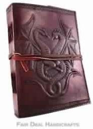 BROWN LEATHER WRITING NOTEBOOK WITH EMBOSSED DUAL DRAGONS