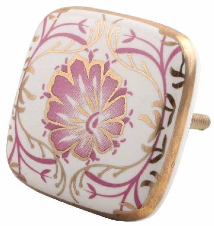 Pink Flower Square Ceramic Dresser Knob