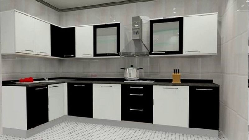 Polished L Shaped Modular Kitchen, for Home Use, Feature : Attached Mirror, Durable, Dust Resistance